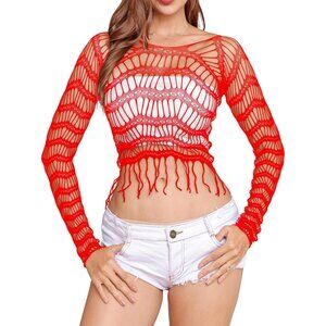 🆕 Women Red Fishnet Crop Top Babydoll Chemise Lingerie Tassels Stretchy Nylon
